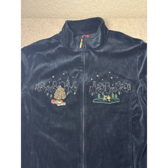 Merry & Bright Black Velour Christmas City Embroidered 2 Piece Lounge Set Large - Picture 4 of 12